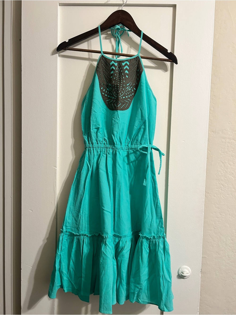 Banana Republic Teal Backless Halter Dress with Brown Applique